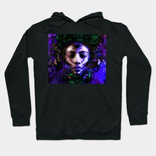 Beautiful girl face, near flowers. Green and violet. Fantasy, sci-fi. Look like robot. Hoodie